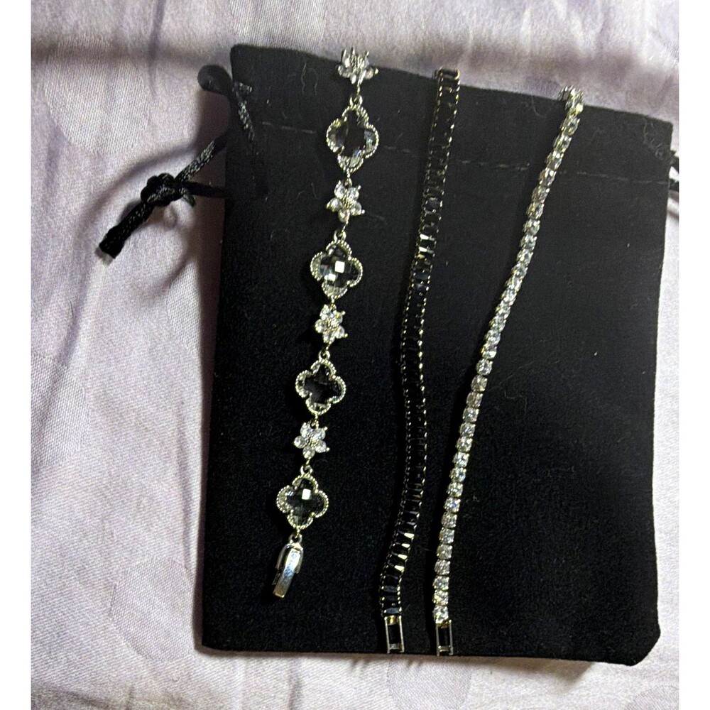 Lot of 3 Silver Crystal Round Tennis Bracelets + Chain Link Dangle Charm